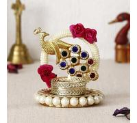 Portavelas de metal hecho a mano con diseño de pavo real con piedras para el festival Diwali, decoración del hogar, decoración de mesa, regalo (paquete de 2)