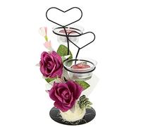 Portavelas decorativo de metal con inserto de cristal, diseño de corazón y flores artificiales, portavelas, decoración de mesa, velas, Pascua, día de la madre, día de San Valentín, boda, decoración de
