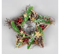 Portavelas votivo con Forma de Estrella de 22 cm, Base de Ramas de Madera Decorada con Bolas Rojas, Bayas, Estrellas de Bronce, follaje, piñas de Pino, decoración de Mesa de Navidad para el hogar