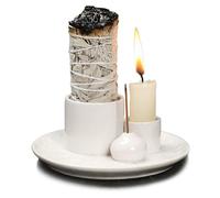 Portavelas y incienso de cerámica multifuncional 4 en 1 con bandeja colectora de cenizas para quemar salvia blanca, palitos de Palo Santo (blanco)