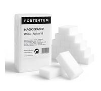 PORTENTUM Borrador Mágico, Set de 12, Blanco - Esponja Mágica de Limpieza Multiusos para Cocina, Baño, Paredes y Zapatos, Elimina Suciedad y Manchas, Reutilizable, 12 x 6 x 2,5 cm
