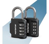 PORTENTUM Candado combinacion 4 dígitos reajustable - Pack de 2 - Candado taquilla gimnasio con cuerpo de aleación de zinc y arco de acero - Candado exterior negro para armarios vallas y trasteros