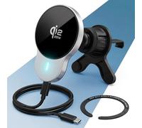 PORTENTUM Cargador inalambrico Coche Qi2.2 25W Certificado en 2026 - Refrigeración Activa - Potentes imanes N52 - Soporte magnetico movil Coche y Cable USB-C 60W - Compatible con MagSafe, iPhone y Qi