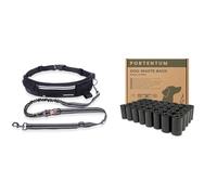 PORTENTUM Correa Perro Manos Libres Deportiva con Cinturón Negro + 600 Bolsas Caca Perro Antifugas de Material Reciclado - Kit Esencial para Correr, Senderismo y Paseos Cómodos