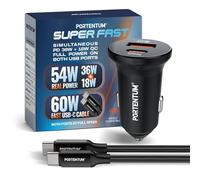 PORTENTUM Doble Cargador Coche Carga Rapida Simultánea 54W + 60W Cable USB C Fast Charge - USBC PD 36W + USBA QC 18W - Accesorio Mechero - para iPhone iPad Android Tablet Smarphone Galaxy Consola