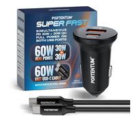 PORTENTUM Doble Cargador Coche Carga Rapida Simultanea 60W + Cable USB C Fast Charge 60 W - USBC PD 30W + USBA QC 30 W - Accesorio Mechero - para iPhone iPad Android Tablet Smarphone Galaxy Consola