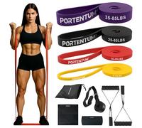 PORTENTUM Gomas elasticas musculacion - Set de Bandas de resistencia 4 o 5 niveles intensidad - Asas, anclaje puerta, fundas y bolsa - Gimnasio en casa hombres y mujeres - Fuerza Fitness Crossfit Yoga