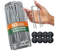 PORTENTUM Grapas Césped Artificial 50 Uds + 8 Arandelas - Piquetas Camping Suelo Duro - Estacas para Tomateras - Grapas Malla Antihierbas - 150 mm Alto - Ancho Ajustable - 3 mm Grosor