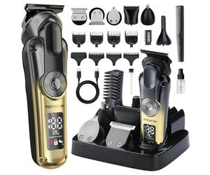 PORTENTUM Maquina de cortar pelo hombre - Set de 21- LED - Trimmer facial y corporal - Afeitadora precisión - Cortapelos y recortadora de barba - 6 Cabezales - 7 Peines - USB-C - Base organizadora