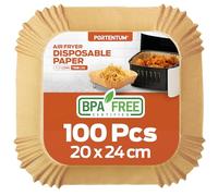 PORTENTUM Papel freidora aire 100 unidades de 20-24 cm Cuadrado. Para Air Fryer, Grado alimenticio con triple certificación BPA free, FDA y LFGB