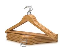 PORTENTUM Perchas de Madera, Set de 10, Color Natural - Gancho Giratorio 360º, Muescas para Vestidos y Blusas, Barra Antideslizante para Pantalones, Aptas para Trajes, Camisas, Chaquetas