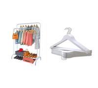 PORTENTUM Perchero Burro Ropa de Acero Blanco Reforzado con Ruedas y Doble Barra + 10 Perchas de Madera Maciza Blanca con Gancho Giratorio | Solución Premium de Almacenamiento y Estilo