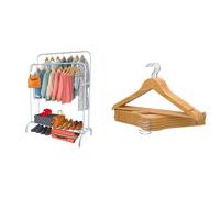 PORTENTUM Perchero Burro Ropa de Acero Blanco Reforzado con Ruedas y Doble Barra + 10 Perchas de Madera Maciza Natural con Gancho Giratorio | Solución Premium de Almacenamiento y Estilo