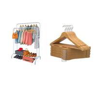 PORTENTUM Perchero Burro Ropa de Acero Blanco Reforzado con Ruedas y Doble Barra + 20 Perchas de Madera Maciza Natural con Gancho Giratorio | Solución Premium de Almacenamiento y Estilo