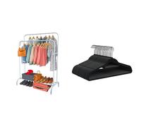 PORTENTUM Perchero Burro Ropa de Acero Blanco Reforzado con Ruedas y Doble Barra + 30 Perchas de Terciopelo Antideslizantes Ultra Finas | Solución Completa de Almacenamiento y Ahorro de Espacio