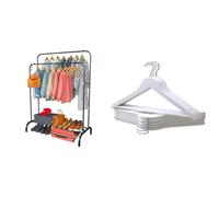 PORTENTUM Perchero Burro Ropa de Acero Negro Reforzado con Ruedas y Doble Barra + 10 Perchas de Madera Maciza Blanca con Gancho Giratorio | Solución Premium de Almacenamiento y Estilo