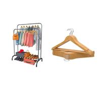 PORTENTUM Perchero Burro Ropa de Acero Negro Reforzado con Ruedas y Doble Barra + 10 Perchas de Madera Maciza Natural con Gancho Giratorio | Solución Premium de Almacenamiento y Estilo