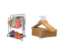 PORTENTUM Perchero Burro Ropa Metálico Reforzado con Ruedas y Doble Barra + 20 Perchas de Madera Maciza Natural con Gancho Giratorio | Solución Premium de Almacenamiento y Estilo