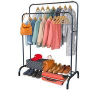 PORTENTUM Perchero burro ropa resistente de acero - hasta 35 kg - Organizador con doble barra y zapatero - Percheros de pie con pies antideslizantes - Tapas anti-caída para perchas - Montaje rápido