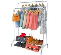 PORTENTUM Perchero Burro Ropa Resistente de Acero - hasta 35 kg - Organizador con Doble Barra y Zapatero - Percheros de pie con pies Antideslizantes - Tapas Anti-caída para Perchas - Montaje rápido