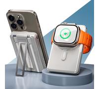 PORTENTUM Power Bank Compatible con MagSafe 5 en 1 con Soporte Plegable - 10000 mAh con Cables Lightning + USB-C - Bateria Externa Carga rapida 20 W PD/QC inalámbrica Qi 15 W - Apple Watch Compatible