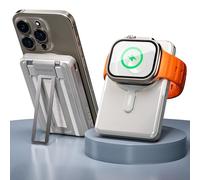 PORTENTUM Power bank MagSafe 5 en 1 con soporte plegable - 10000 mAh cables integrados Lightning + USB-C - Bateria externa carga rapida 20 W PD/QC inalámbrica Qi 15 W - Cargador Apple Watch compatible