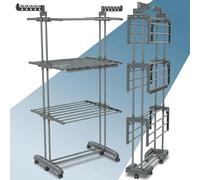 PORTENTUM Tendedero Vertical Plegable con 4 Niveles y 24 Barras de Secado - hasta 40 kg - Tenderete con 2 Accesorios para Calcetines y 2 alas Laterales para Perchas - Ruedas giratorias con Freno