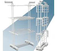 PORTENTUM Tendedero Vertical Plegable con 4 Niveles y 24 Barras de Secado - hasta 40 kg - Tenderete con 2 Accesorios para Calcetines y 2 alas Laterales para Perchas - Ruedas giratorias con Freno