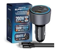 PORTENTUM Triple Cargador Coche Carga Rapida 200W - Incluye Cable de 100W USB-C - 2X USBC PD 100W + USBA QC 18W - Accesorio Mechero - para Macbook Portátil iPhone iPad Tablet Smarphone Galaxy