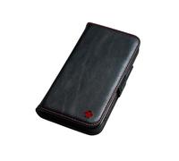 Porter Riley - Funda de Piel Compatible con iPhone 16 Pro. Funda/Cartera/portatarjetas de Piel auténtica Premium con Soporte, Ranuras para Tarjetas y Soporte Horizontal (Negro/Rojo)