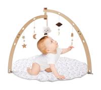 Pórtico plegable de madera de madera con 6 juguetes para exploración sensorial y el desarrollo de habilidades motoras, regalo de nacimiento para niñas y niños (sin alfombras de juego) X del medio ambi