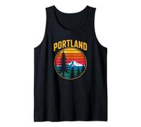 Portland Mount Hood Evergreens - Gráfico Retro de Puesta de Sol Camiseta sin Mangas