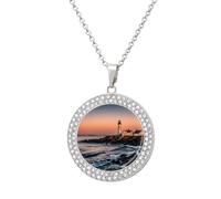 Portland River Lighthouse Sunrise - Collar de diamantes para mujer, novia, mamá, cadena de cable de 20 pulgadas, collar con colgante redondo, conmemorativo, pareja, amistad, cumpleaños, aniversario