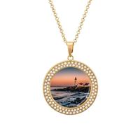 Portland River Lighthouse Sunrise - Collar de diamantes para mujer, novia, mamá, cadena de cable de 20 pulgadas, collar con colgante redondo, conmemorativo, pareja, amistad, cumpleaños, aniversario