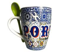 Portugal Azulejo - Taza de té con cuchara en embalaje de cartón colorido azulejo - Hermoso regalo de Portugal (460 ml) (verde loro)