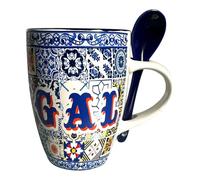 Portugal Azulejo - Taza de té con cuchara en embalaje de cartón colorido azulejo - Hermoso regalo de Portugal (460 ml) (azul)