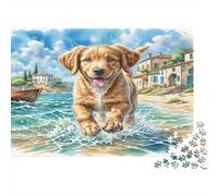 Portuguese Water Dog Rompecabezas de Papel Grueso Golden Retriever chapoteando en Agua Costera, Pack de Regalo de Rompecabezas para Combatir el aburrimiento 52x38cm/1000 Piezas