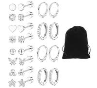 PORUPAEL 12 pares de aretes de parte trasera plana para mujeres y hombres, aretes hipoalergénicos de acero quirúrgico para cartílago con bolsa de terciopelo negro, estilo plata de ley, piercing de