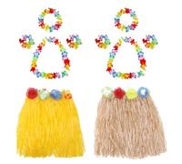 PORUPAEL Juego de disfraz de hula hawaiano, falda tropical hawaiana con pulseras de flores, collar para niños, niñas, mujeres, fiestas, 2 juegos (amarillo + hierba)