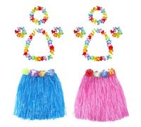 PORUPAEL Juego de disfraz de hula hawaiano, falda tropical hawaiana con pulseras de flores, collar para niños, niñas, mujeres, fiestas, 2 juegos (rosa + azul)