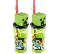 POS 33198 - Vaso para niños con pajita y tapa, transparente, incluye figura 3D en diseño Minecraft, aprox. 360 ml, sin BPA ni ftalatos (Paquete de 2)