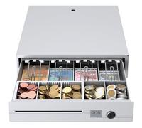 POS VALLEY Caja Registradora Manual o Automática con Impresoray Registrador de Efectivo RJ11 (12/24V), 4 Billetes y 5 Monedas, Cajón Pequeño para Dinero, 33x37, Blanco