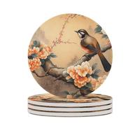 Posavasos absorbentes de 4 piezas con diseño de pájaros, árboles y peonías, estilo chino, ideales para proteger tu mesa. Aptos para todo tipo de vasos y mesas de madera. Un toque de estilo para decora
