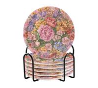 Posavasos absorbentes de algodón con diseño Floral de peonías, violetas y melocotón Intenso, con Soporte, Juego de 6 Unidades.