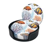 Posavasos con Estampado de Peces Coloridos en el mar, Posavasos Redondos de Cuero con Caja de Almacenamiento para Tazas de Vino, Bebidas frías y Tazas de protección de Mesa (6 Piezas)
