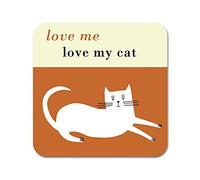 Posavasos con texto en inglés"Love Me Love My Cat" - eucalipto sostenible. Fabricado en Inglaterra. naranja orange with white cat
