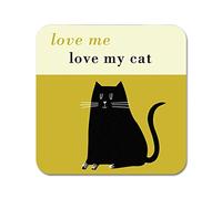 Posavasos con texto en inglés"Love Me Love My Cat" - eucalipto sostenible. Fabricado en Inglaterra. verde olive with black cat