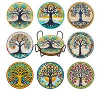 Posavasos de Arbol de la Vida Pintura de Diamantes,8 Piezas DIY Mandala Arte de Manualidades con Soporte,Posavasos para Bebidas,Café y Té de Bar,Kits de Principiantes Adultos Niños