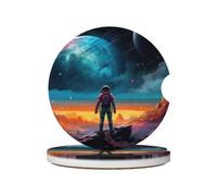 Posavasos de cerámica con diseño de Astronauta y Estrella metafísica (2 Unidades), con Base de Corcho y Ranura para los Dedos, Ideales para portavasos de Coche.