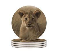 Posavasos de cerámica The Waiting Lion Cub, 4 unidades, para mesa de café, diseño antideslizante, absorbente, posavasos redondos para vino, cerveza, regalos de inauguración de la casa